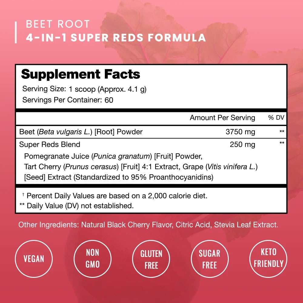 Beet Root Powder Circulation Supplement | Superfood Powder Nitric Oxide Supplement with Beetroot Juice, Super Reds Powder & Grape Seed Extract | No Sugar Beet Supplement